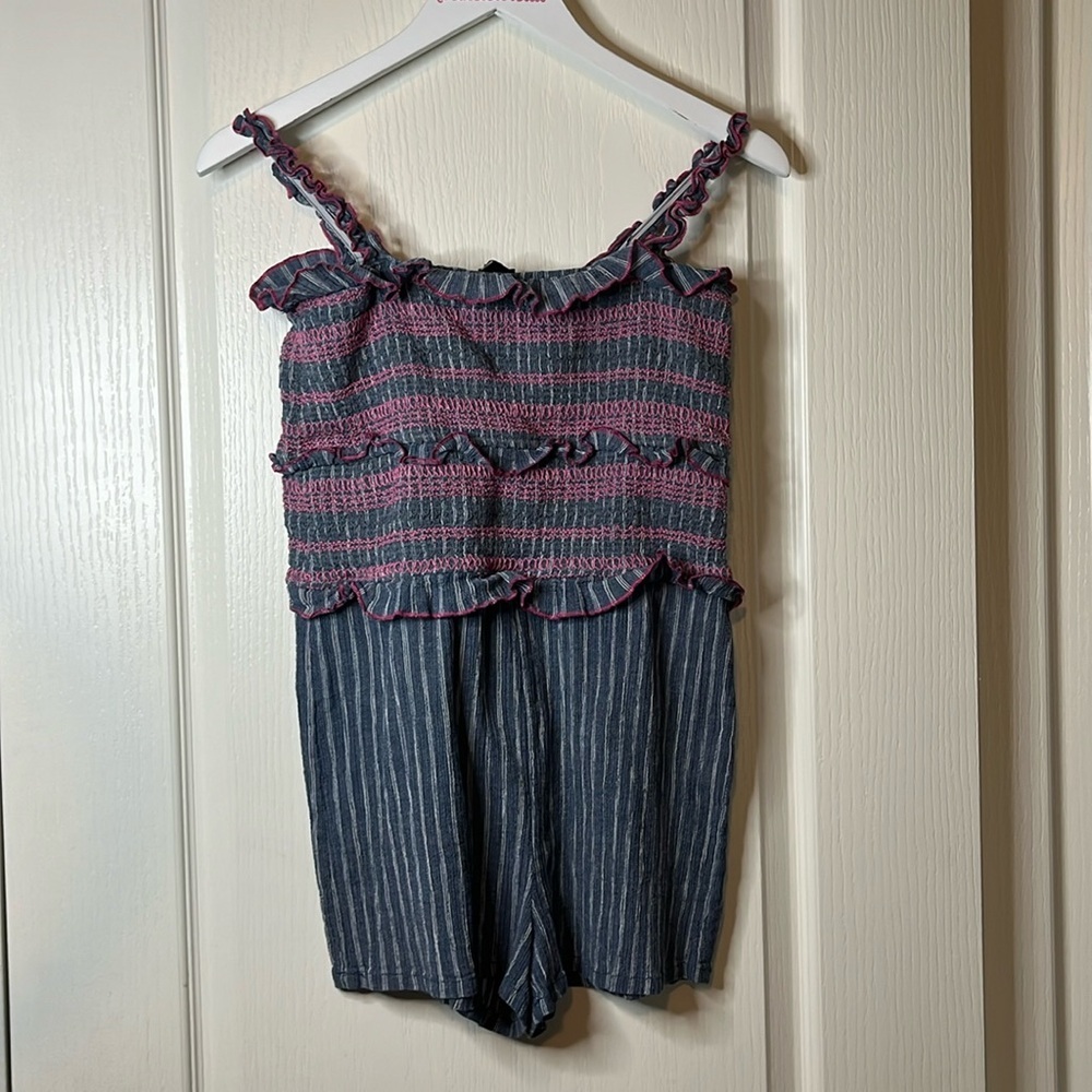 Sugar+Lips pink and blue embroidered romper. Size medium. Like new condition.